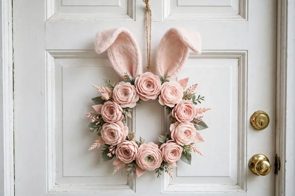 Soft felt bunny ears and flower crown door hanger in blush pink on a white front door.