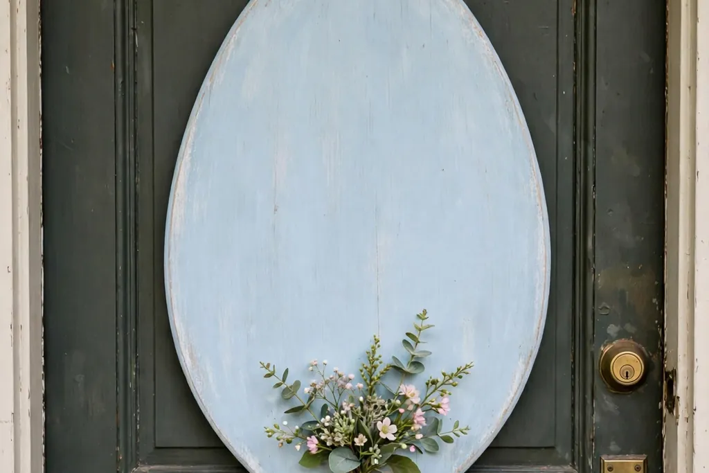 Painted wooden egg shaped door plaque in soft blue with a small floral sprig on a front door.