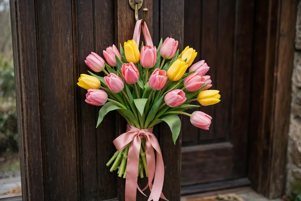 Bundle of fresh pink and yellow tulips tied with ribbon hanging on a front door hook.