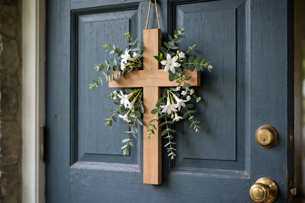 Simple wooden cross door hanger decorated with eucalyptus greenery and white flowers on a front door.