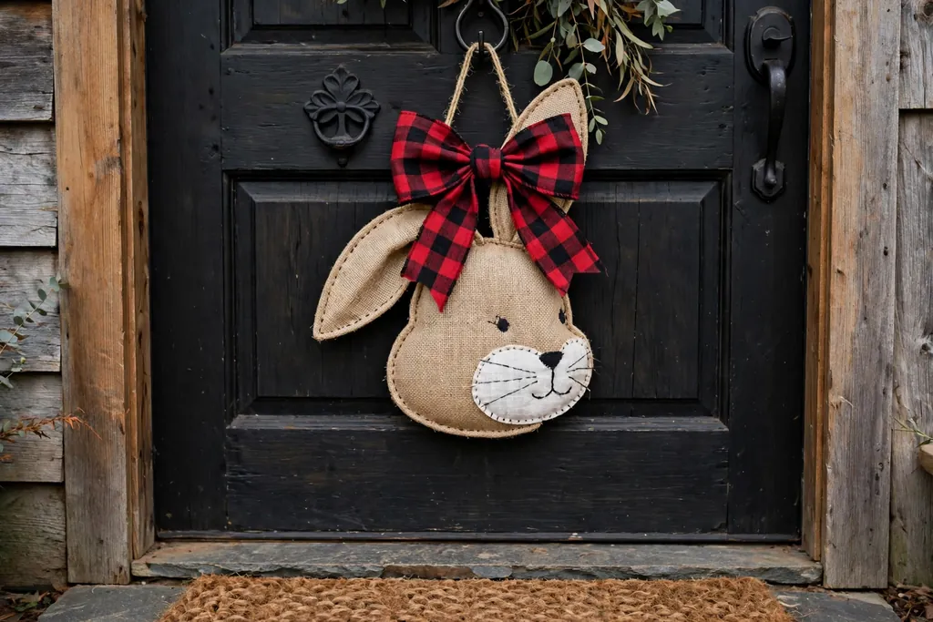 Burlap bunny door hanger with a large plaid bow hanging on a farmhouse front door.