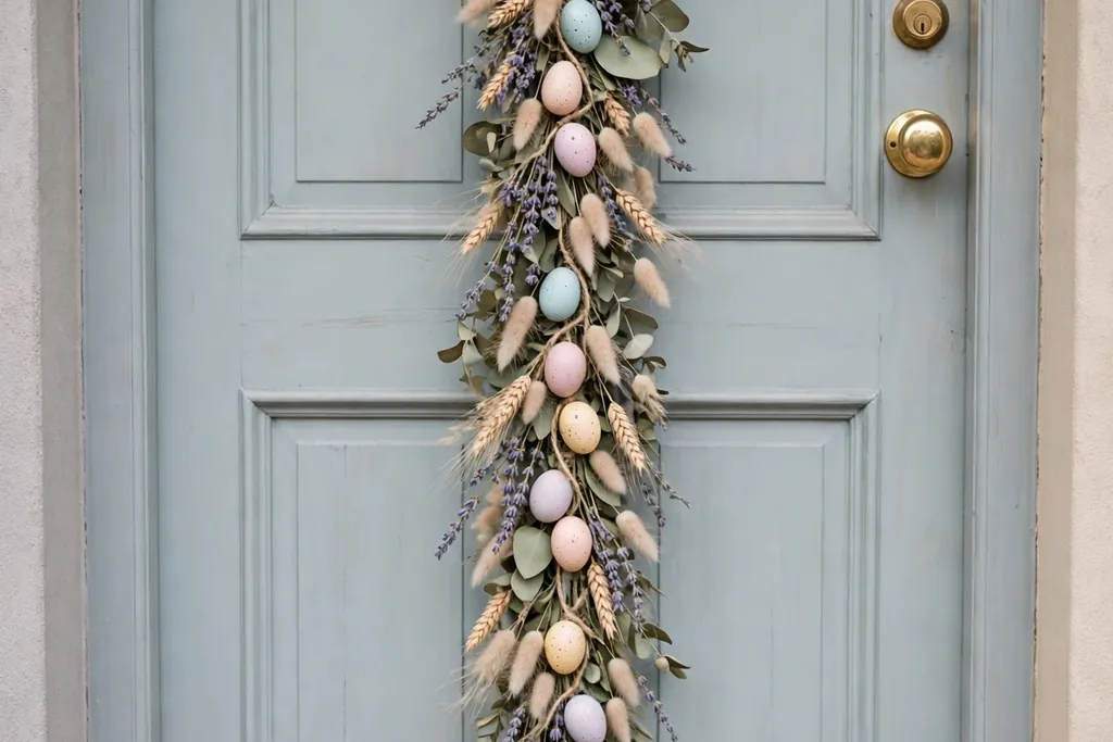 Vertical dried flower and small egg garland door hanger in muted pastels on a front door.