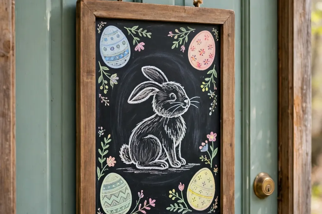Small chalkboard Easter door sign framed in wood with painted eggs and a chalk bunny drawing on a front door.
