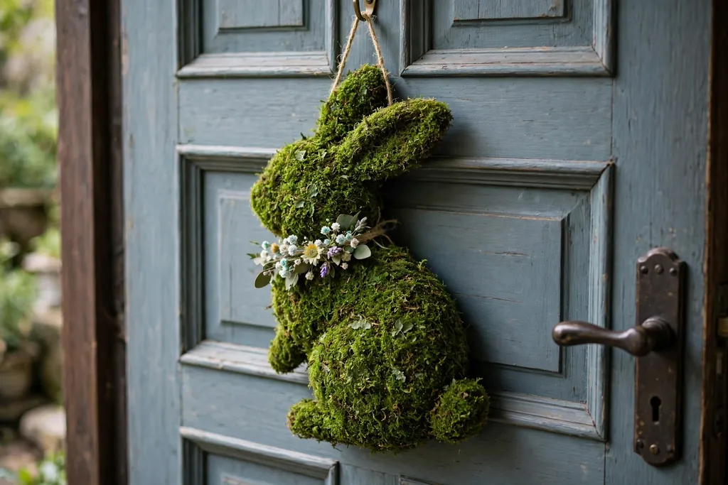Green moss bunny shape door hanger with a small flower at its neck hanging on a front door.