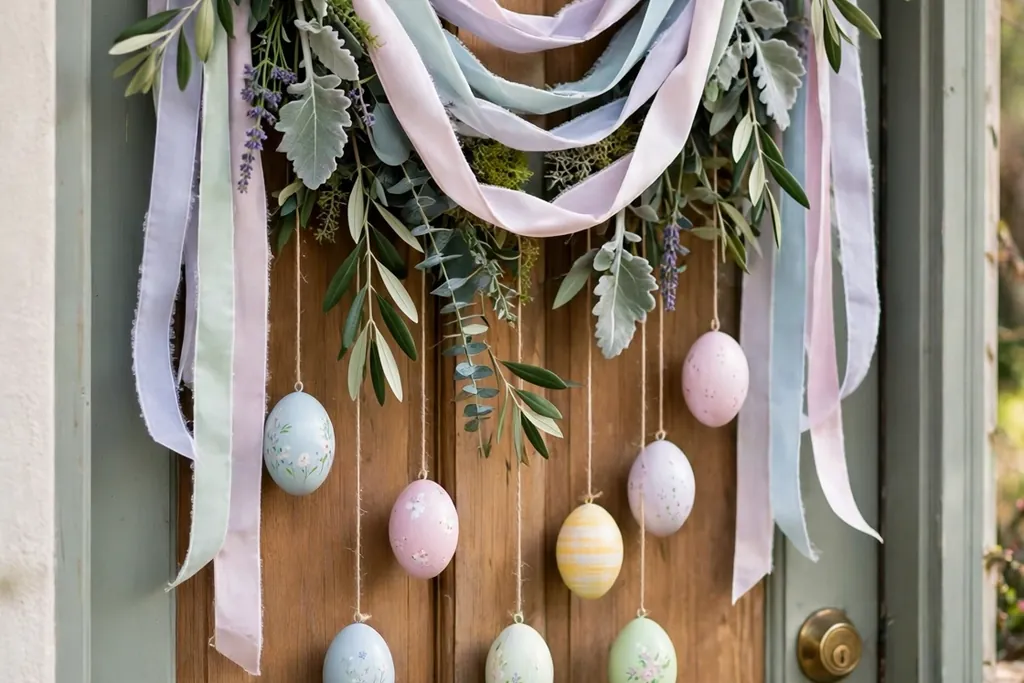 Pastel ribbon swag door hanger with hanging painted eggs and greenery on a front door.