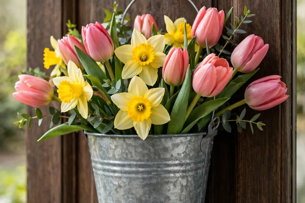 Small galvanized metal bucket filled with tulips and daffodils hanging on a front door hook.