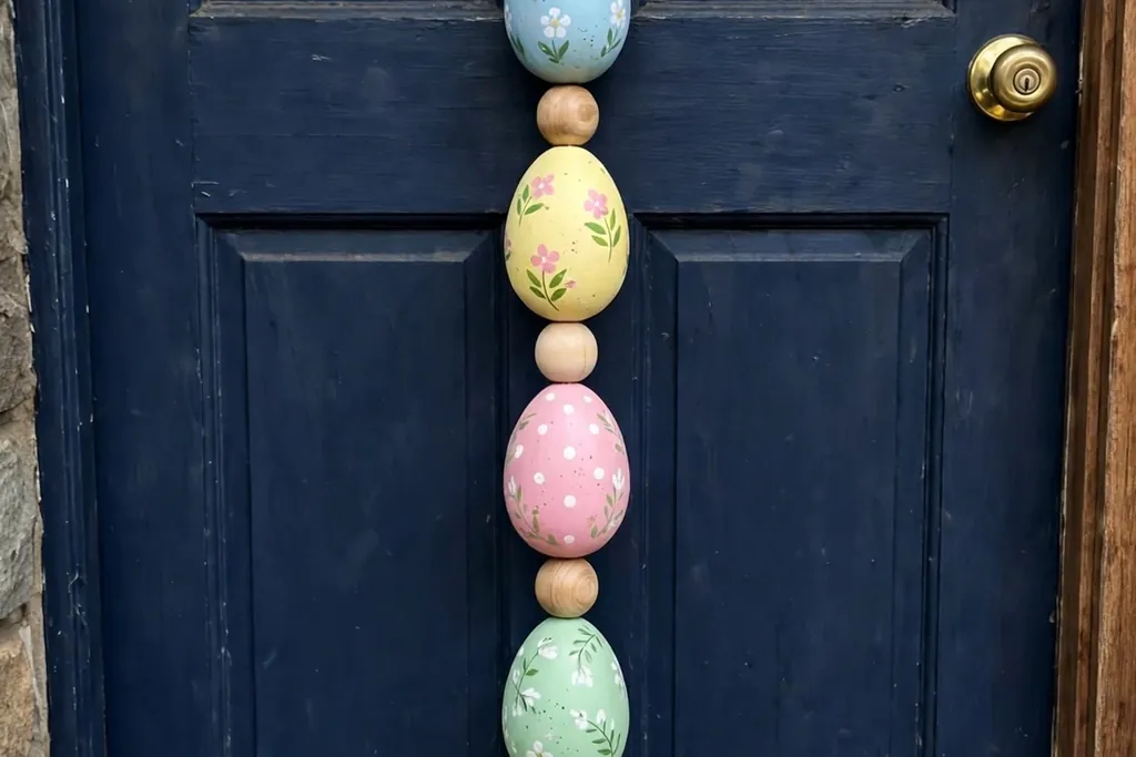 String of wooden beads with painted Easter eggs hanging vertically as a door hanger on a front door.
