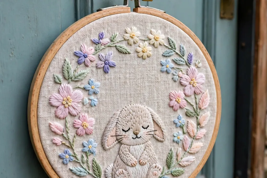 Wooden embroidery hoop door hanger with stitched flowers and a small bunny in pastel thread on a front door.
