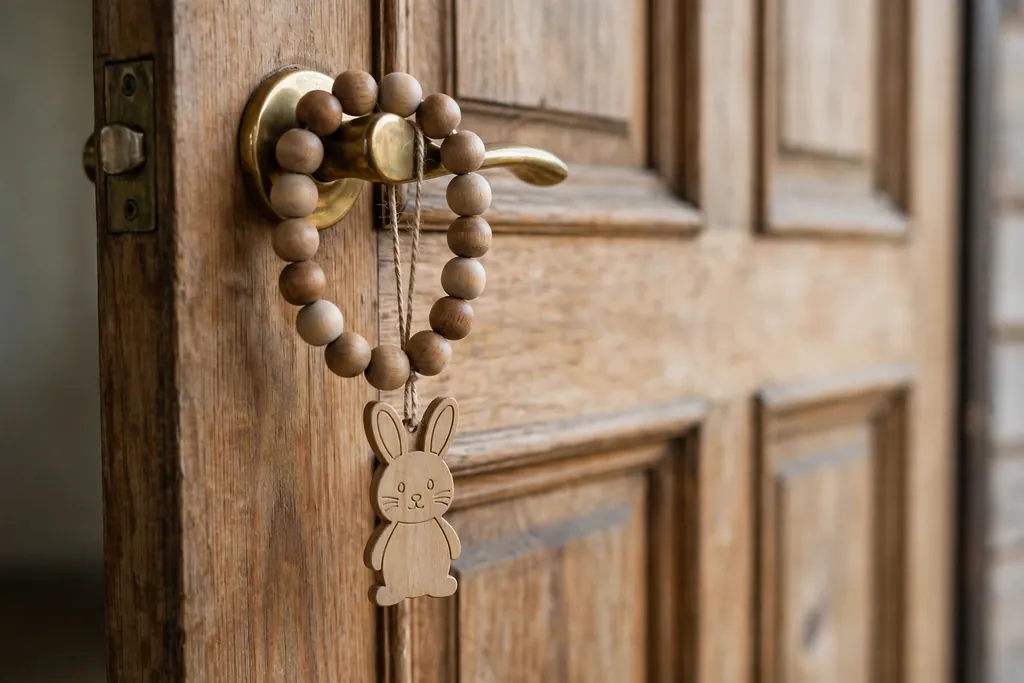 Wooden bead garland with a small bunny shaped tag hanging on a front door handle.