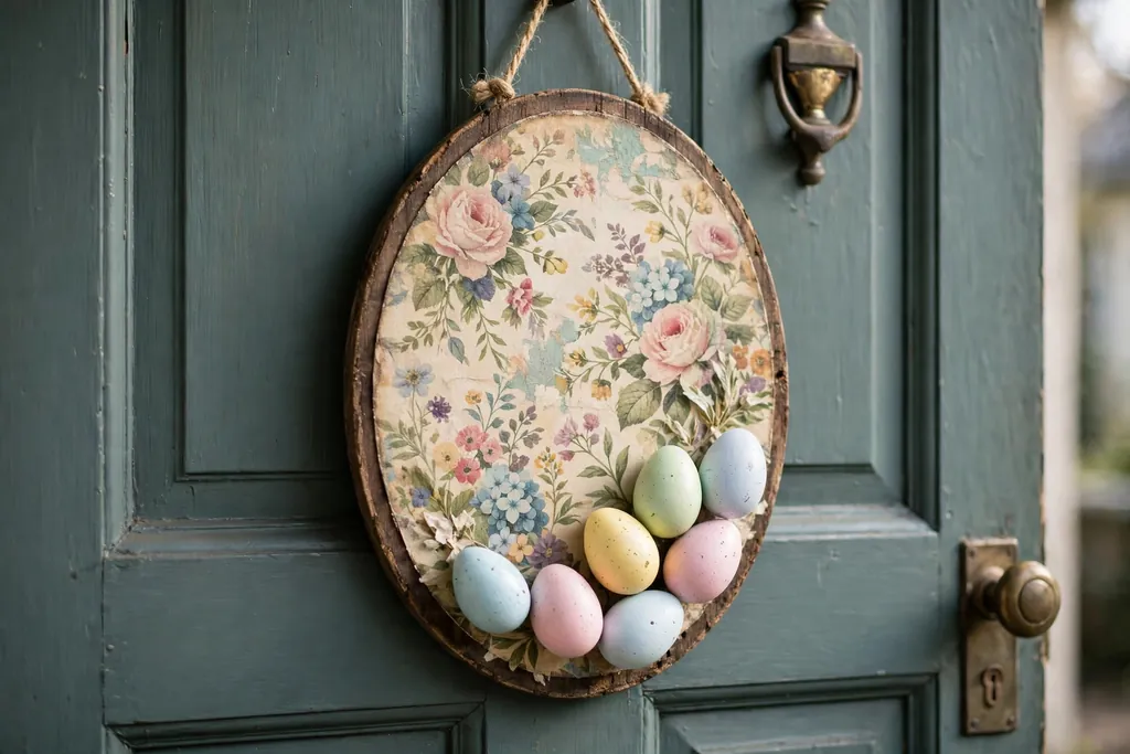 Oval wooden door plaque decoupaged with vintage floral paper and pastel eggs on a front door.