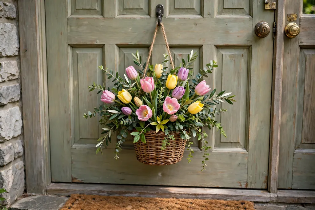 Small woven basket filled with tulips and greenery hanging on a front door.