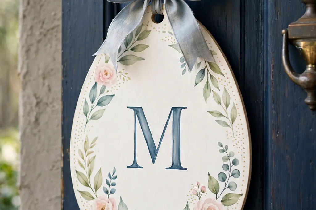 Large painted egg door hanger with a single letter monogram in the center and a ribbon bow on a front door.