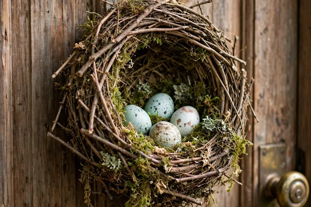 Rustic twig nest door hanger holding speckled eggs and moss on a wooden front door.