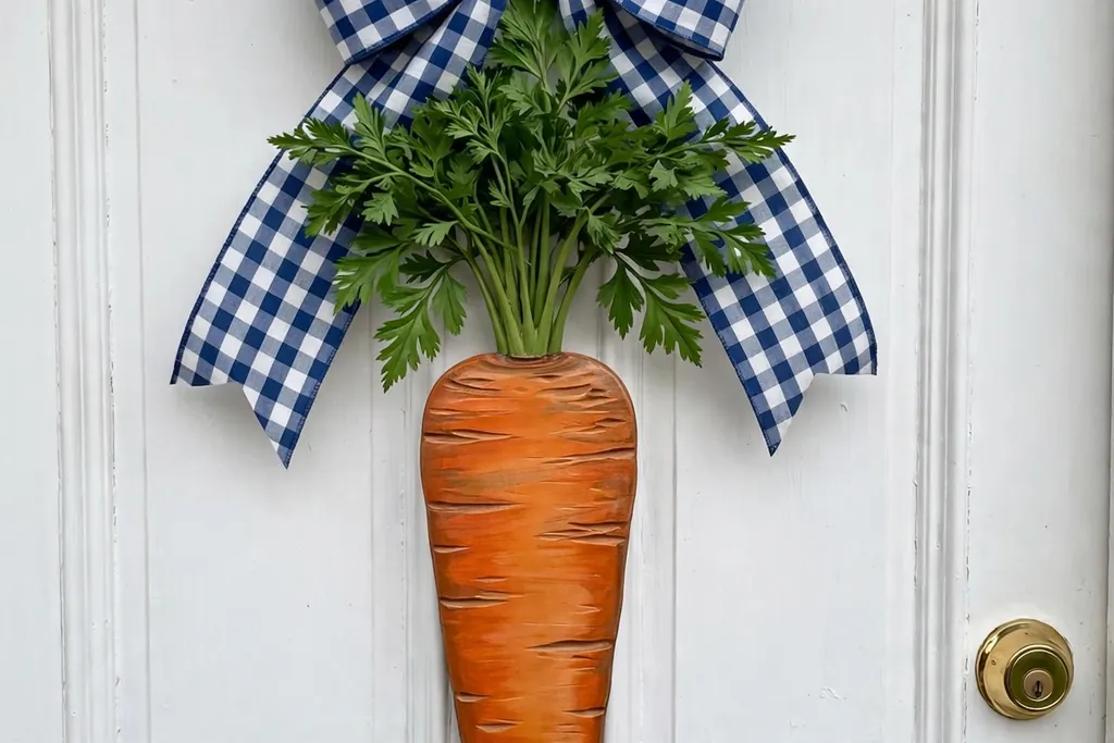 Wooden carrot door hanger with green tops and a large gingham bow on a white front door.