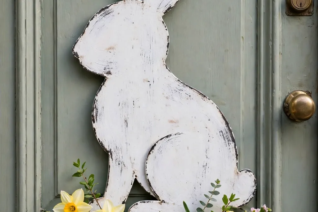 Painted metal bunny door sign in distressed white with spring flowers at its base on a front door.