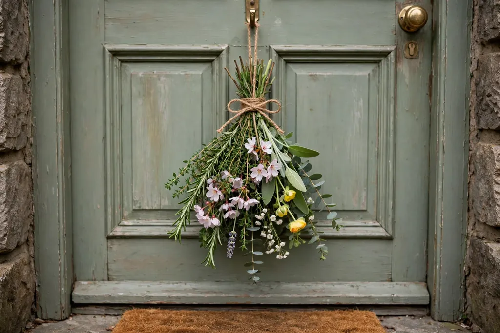 Bundle of fresh herbs and spring flowers tied with twine hanging on a front door.