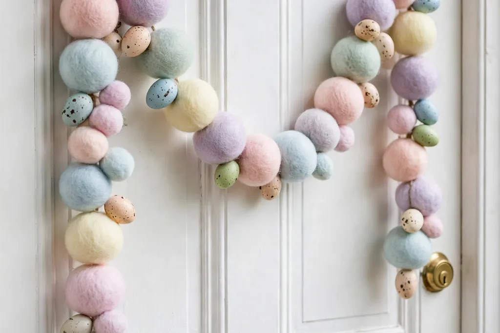 Pastel wool pom pom garland draped as a door hanger with small eggs on a white front door.