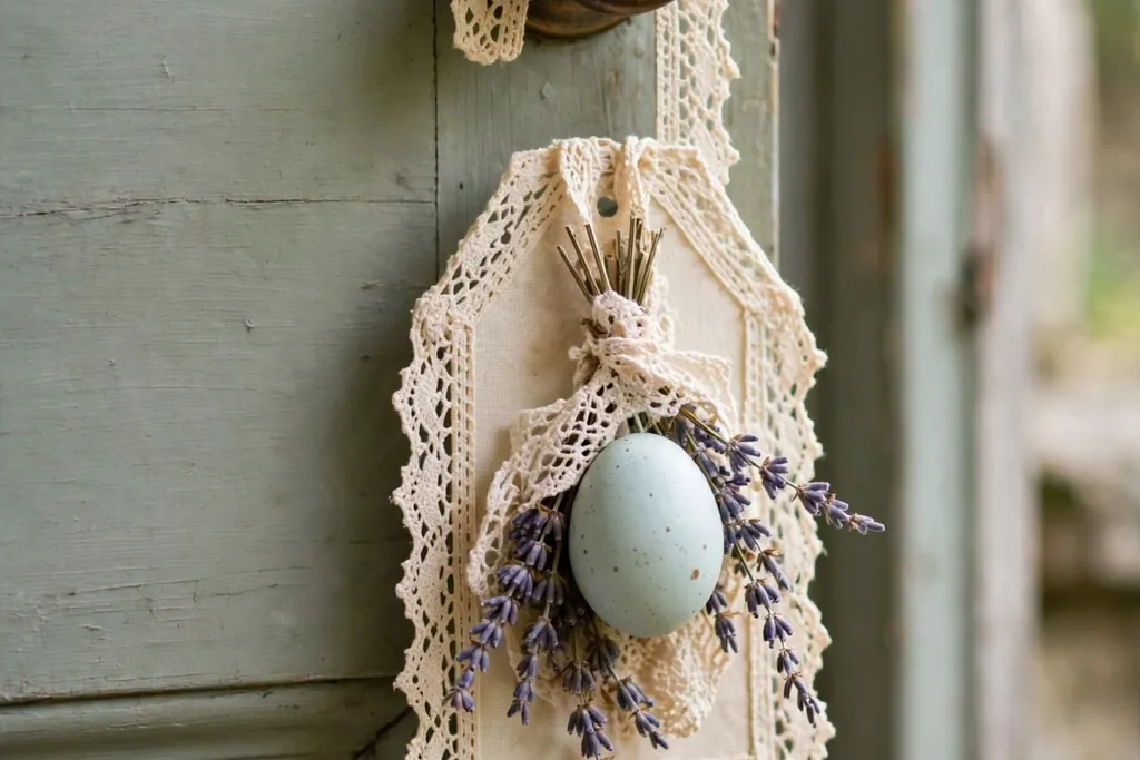 Vintage style door hanger with cream lace, a pastel egg, and dried lavender on a front door.