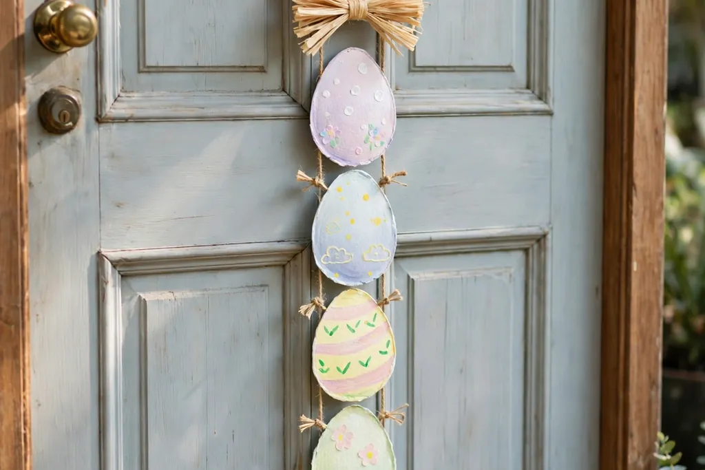 Child friendly craft door hanger made from paper bunny ears and painted paper eggs on a front door.