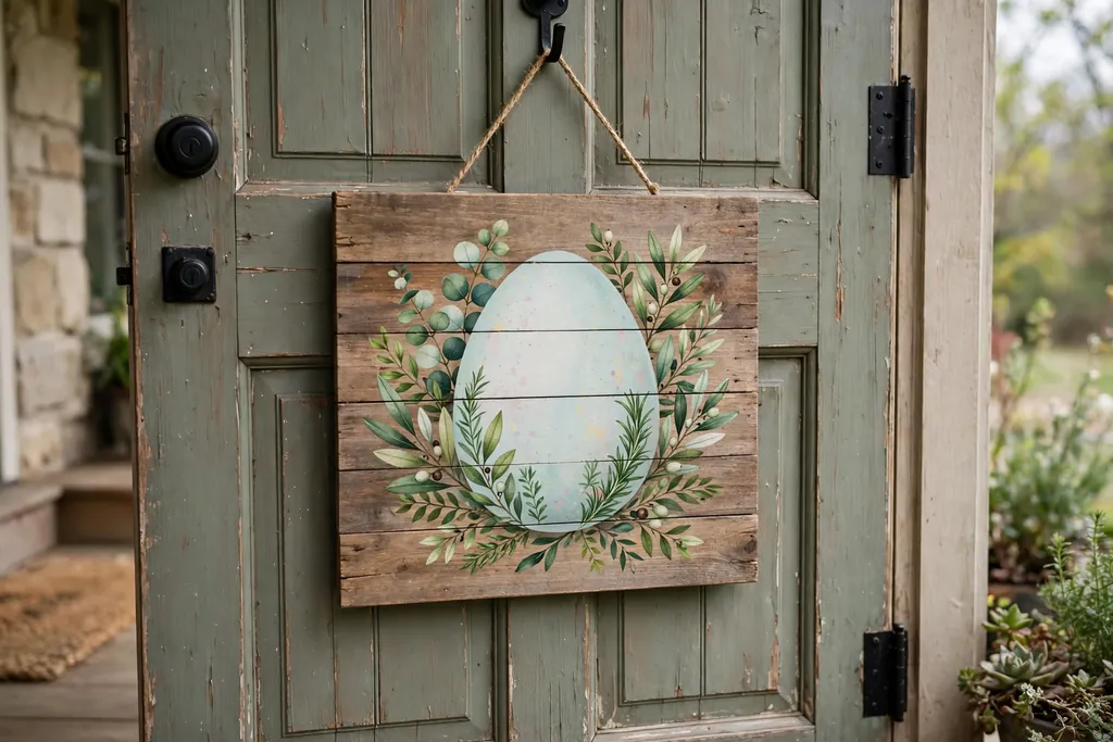 Farmhouse shiplap wooden door sign painted with a large pastel egg and greenery on a front door.