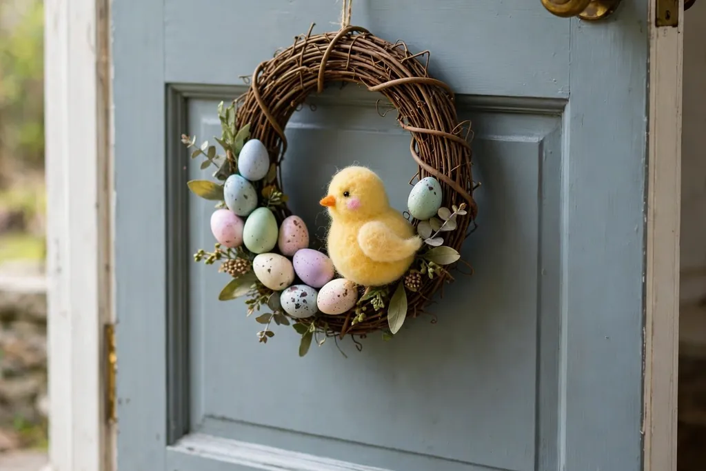 Small grapevine wreath door hanger with a felt chick and pastel eggs on a front door.