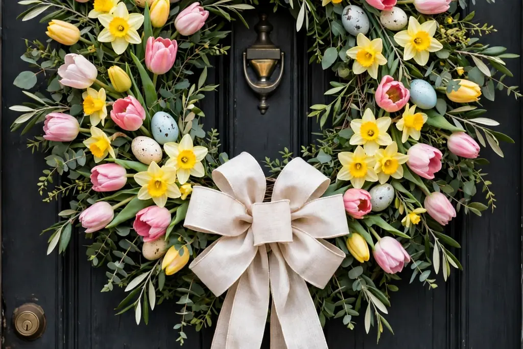 Large oversized spring floral wreath with tulips, daffodils, eggs, and a wide ribbon bow on a dark front door.