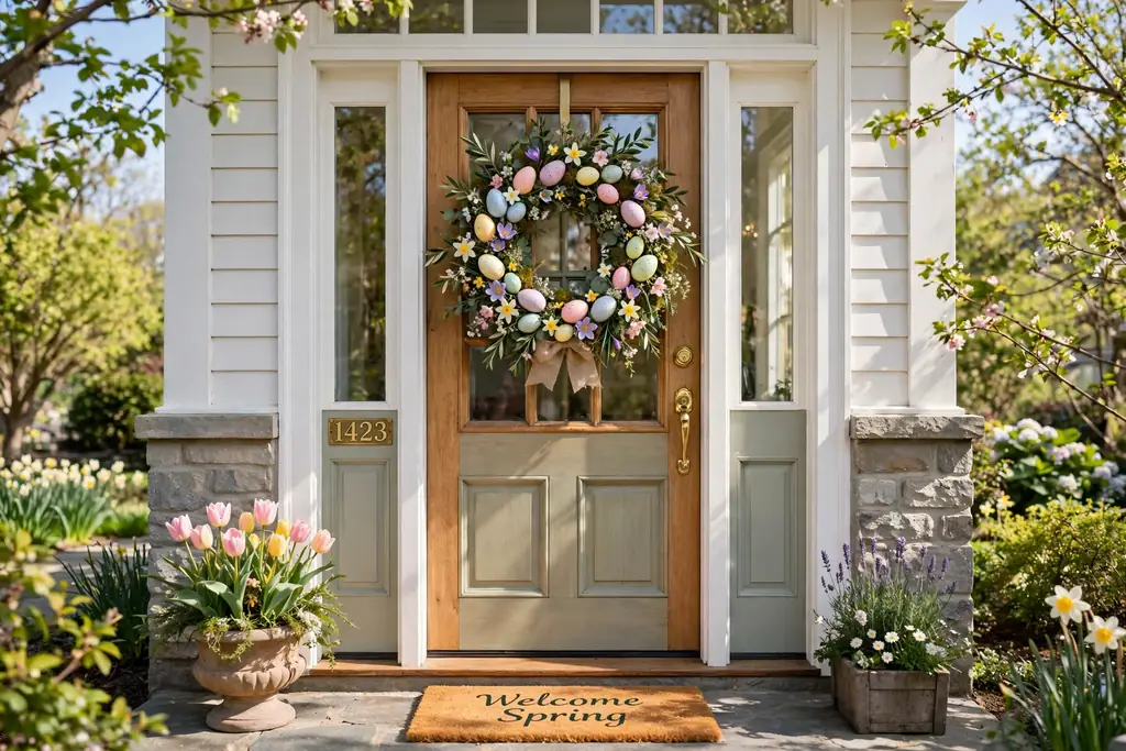 Front door with a wreath covered in pastel Easter eggs and small spring flowers.