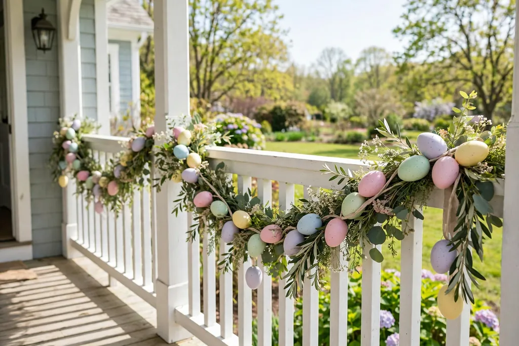 Garland of pastel eggs and greenery draped along a porch rail.