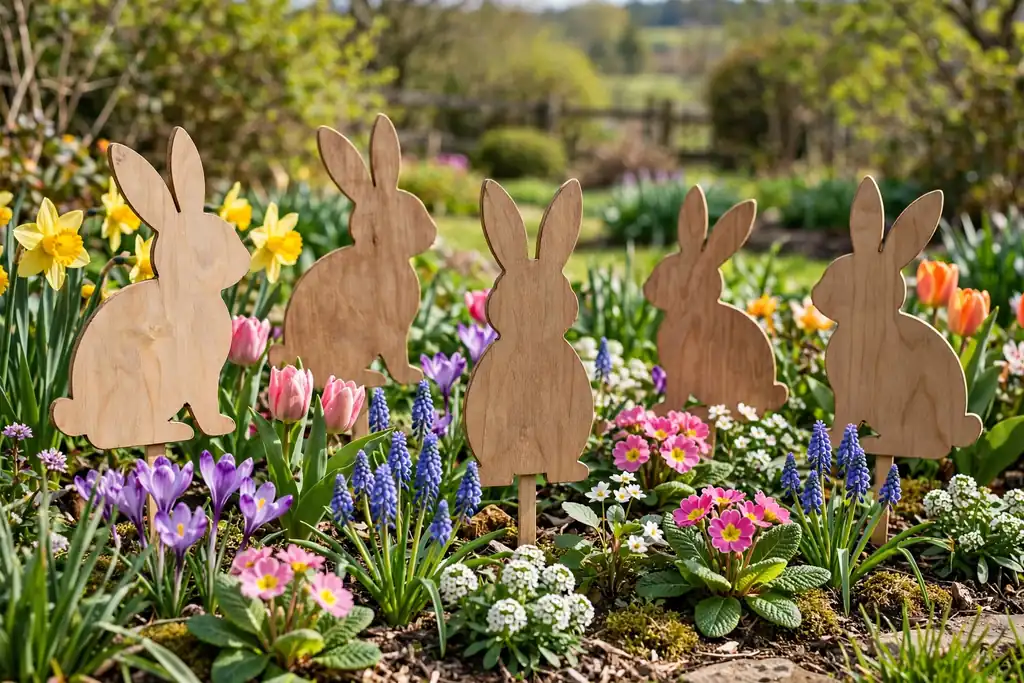Flat wooden bunny silhouettes standing among spring flowers in a flower bed.