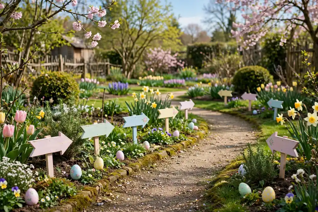 Small pastel arrow signs pointing along a garden path for an Easter egg hunt.