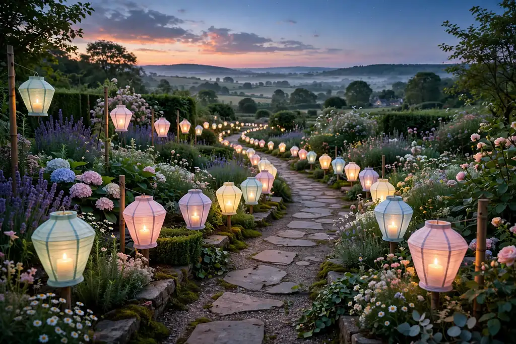 Pastel lanterns with glowing candles lining a garden walkway at dusk.