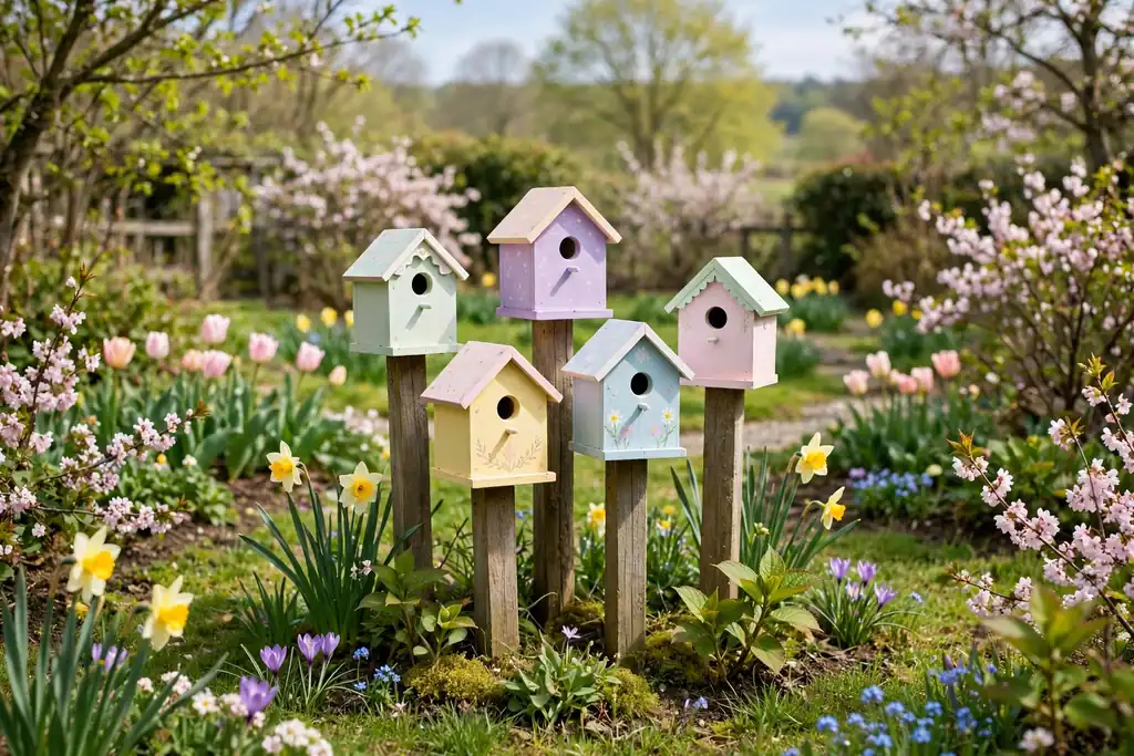 Small birdhouses painted in pastel shades grouped on posts in a garden.