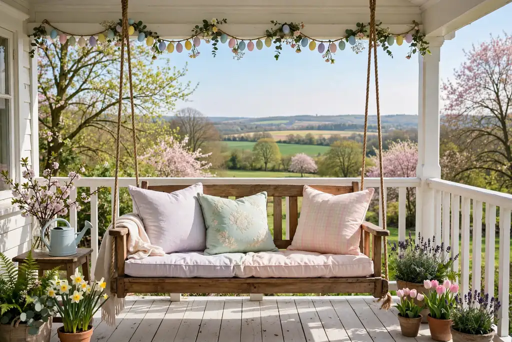 Porch swing with pastel cushions and an egg garland along the top rail.