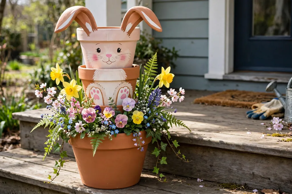 Stacked terracotta pots painted as a bunny planter with spring flowers on a porch step.