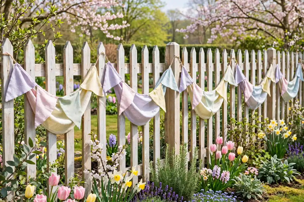Pastel fabric bunting strung along a garden fence in gentle swags.