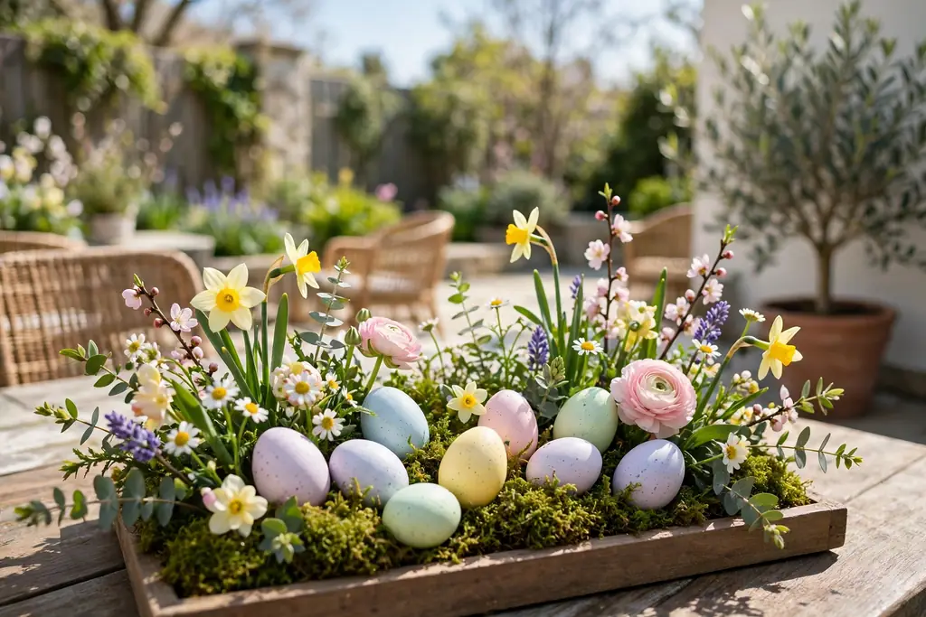 Shallow tray of moss, pastel eggs, and spring blooms as a centerpiece on an outdoor table.