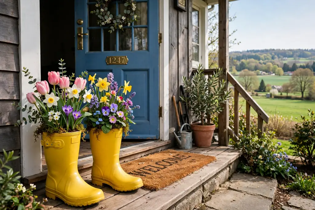 Bright rain boots planted with spring flowers standing by a front door.