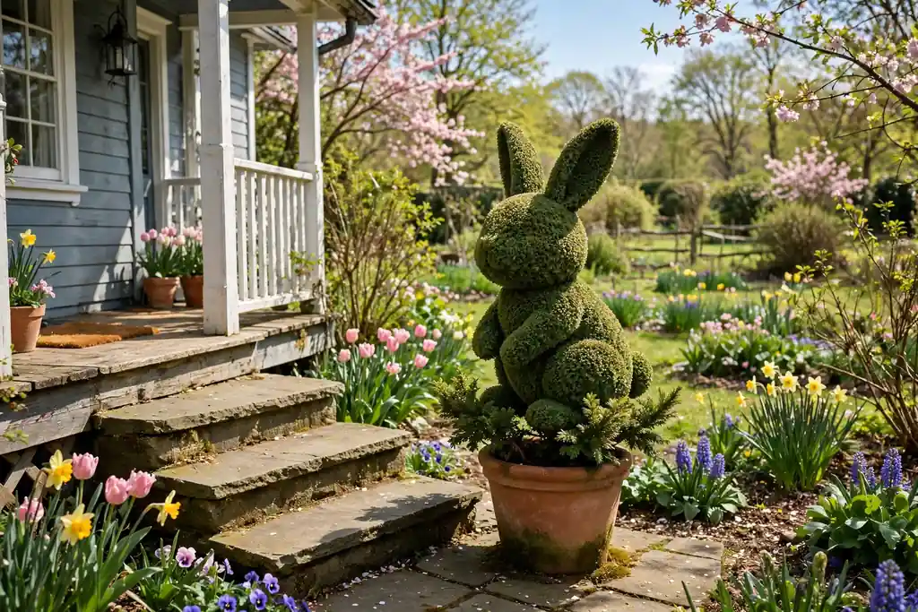 Bunny shaped topiary in a pot beside porch steps.