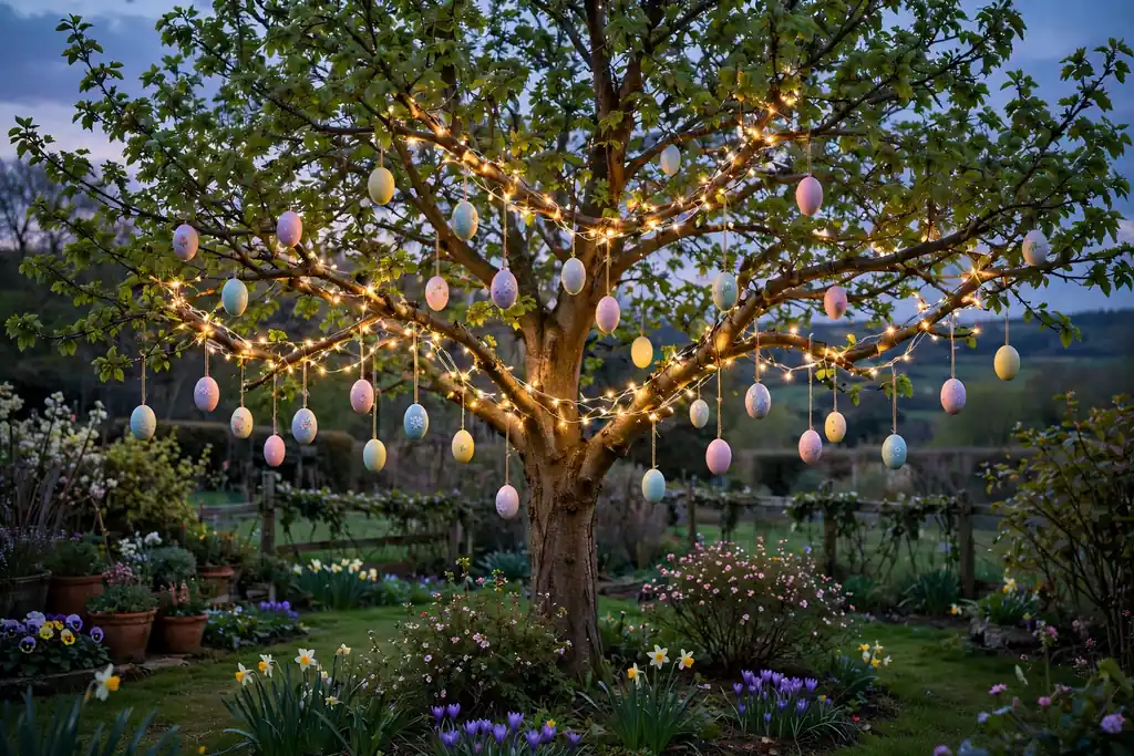 Garden tree with pastel eggs hanging from branches and warm fairy lights at dusk.