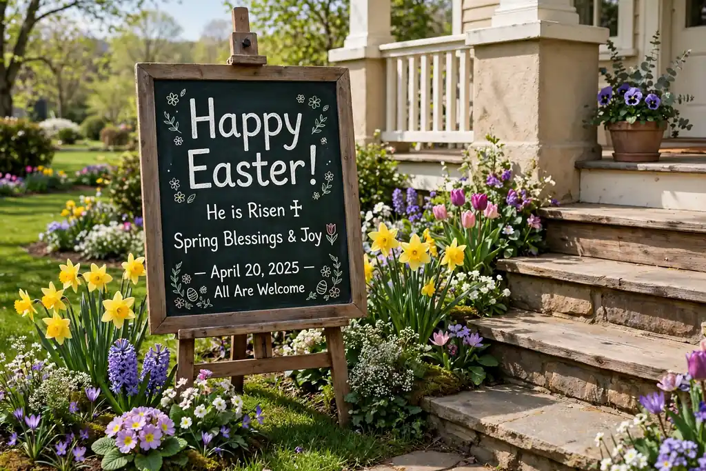 Chalkboard sign with an Easter greeting standing near porch steps.