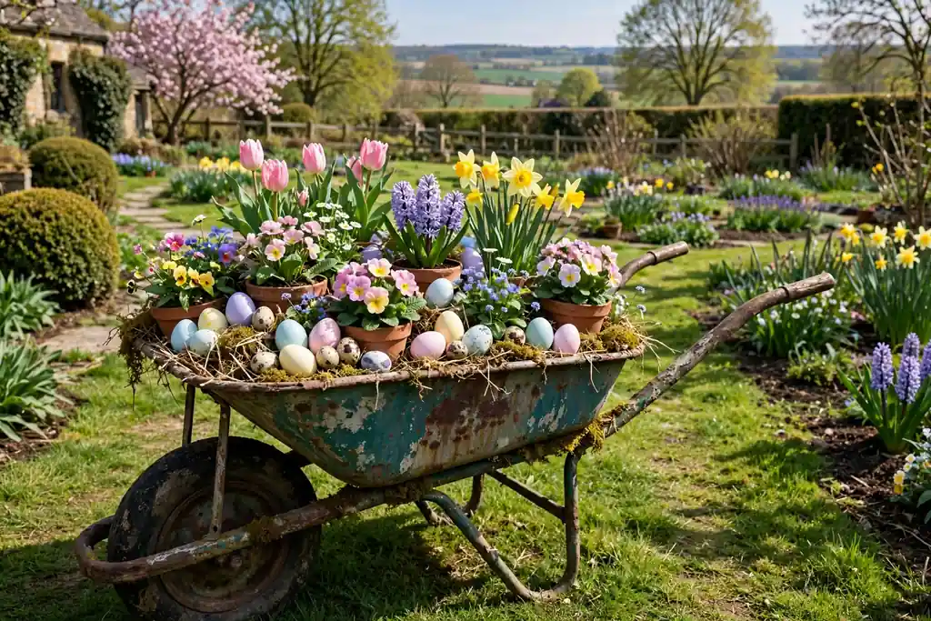 Old wheelbarrow filled with pots of spring flowers and pastel eggs in a garden.