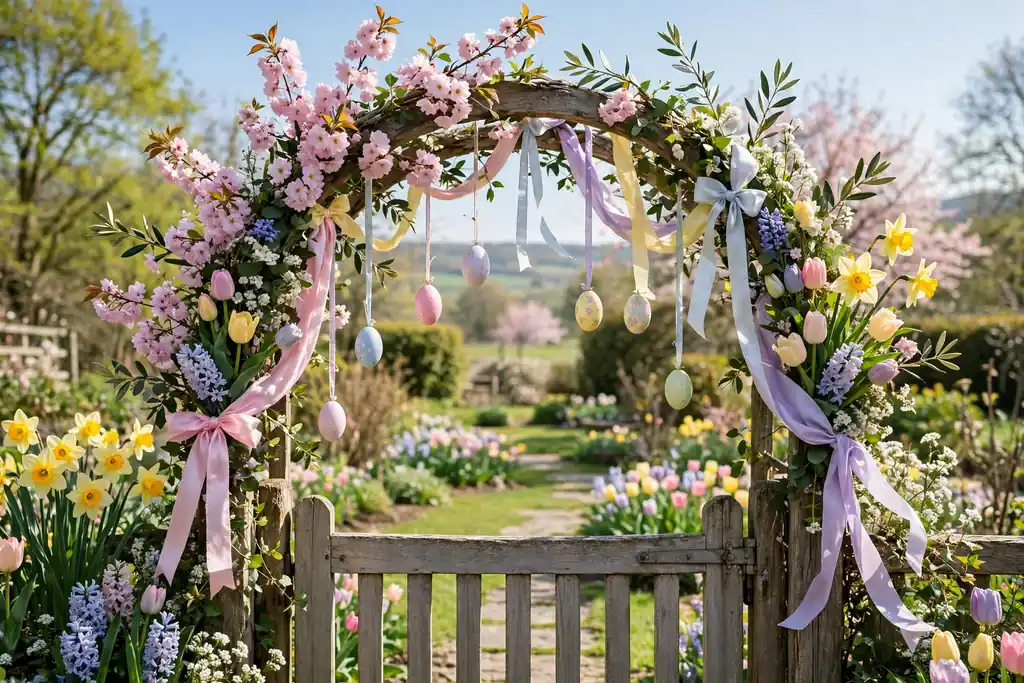 Garden gate arch dressed with spring flowers, pastel ribbons, and hanging eggs.