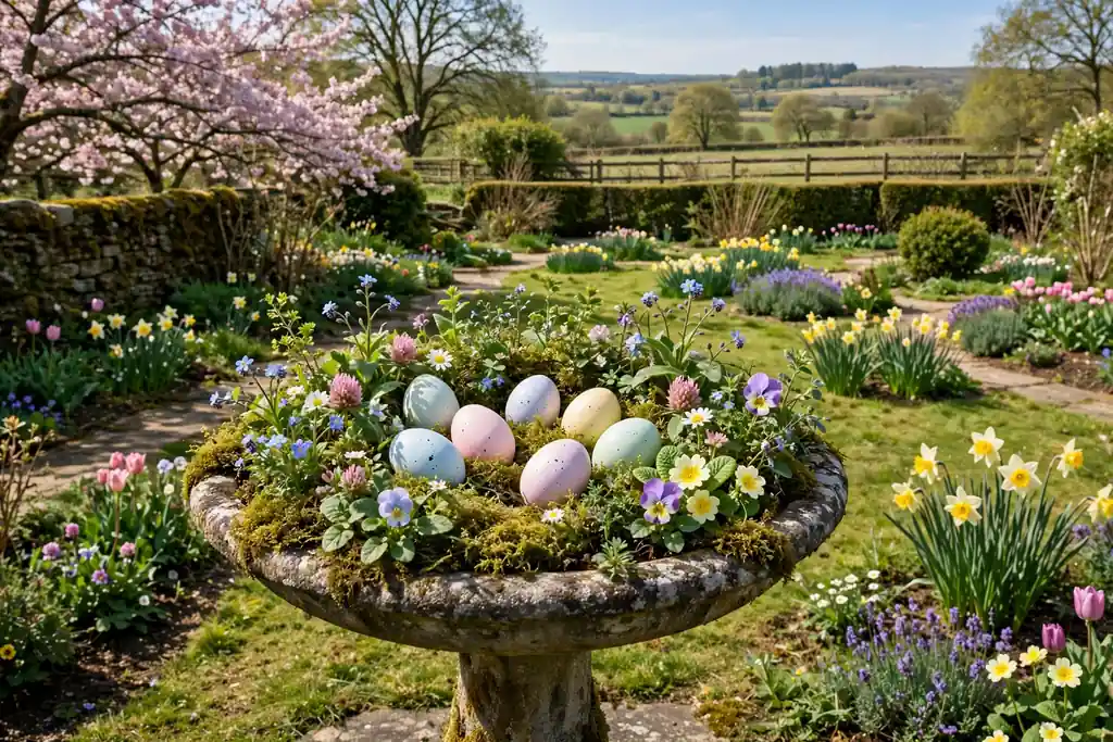 Garden birdbath filled with pastel eggs, moss, and small spring flowers.