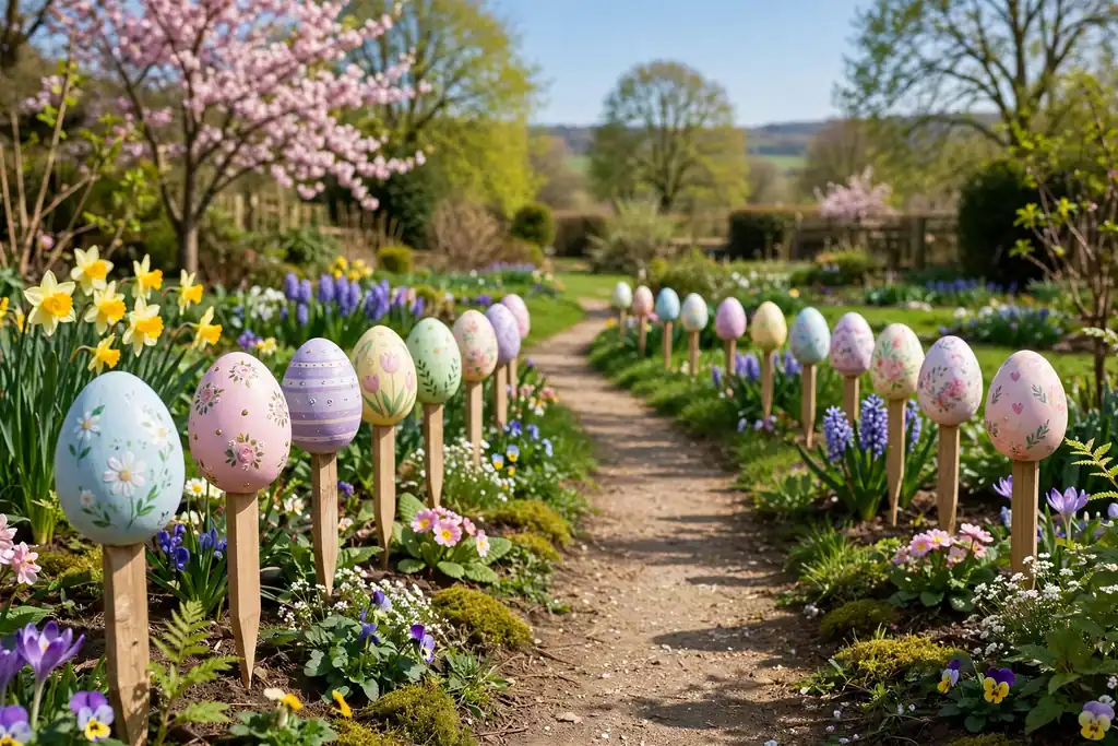 Painted pastel eggs on short stakes lining a garden path.