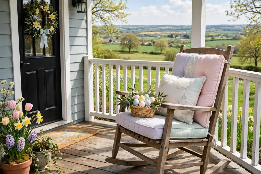 Porch rocking chair with pastel cushions and a small basket of Easter eggs.