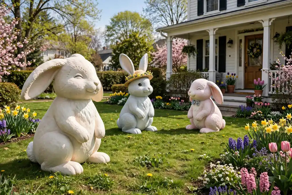 Oversized bunny figures on a lawn near a front porch with spring flowers.