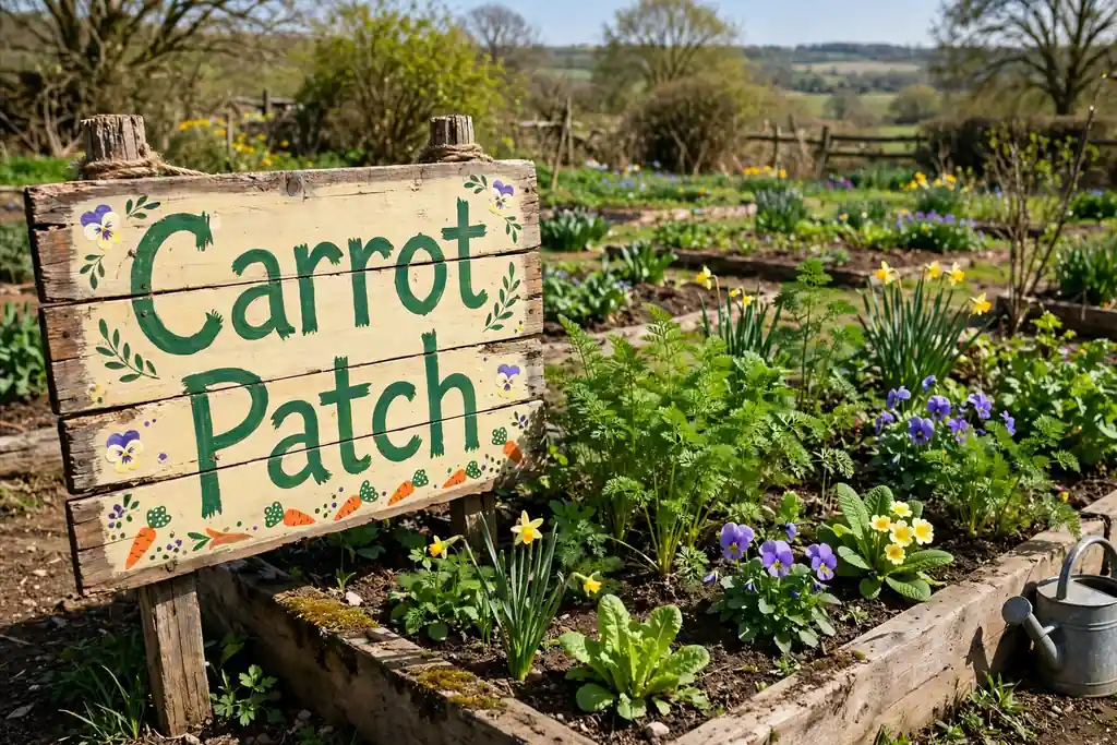 Hand painted wooden sign reading Carrot Patch beside a garden bed.