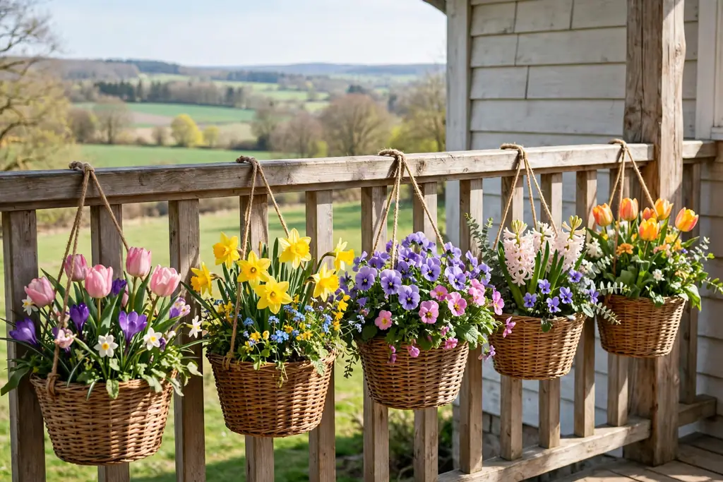 Woven baskets planted with spring flowers hanging along a porch rail.