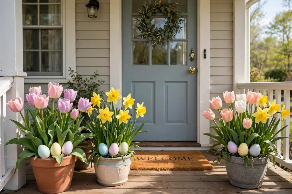 Porch pots of tulips and daffodils with pastel eggs nestled among the stems.