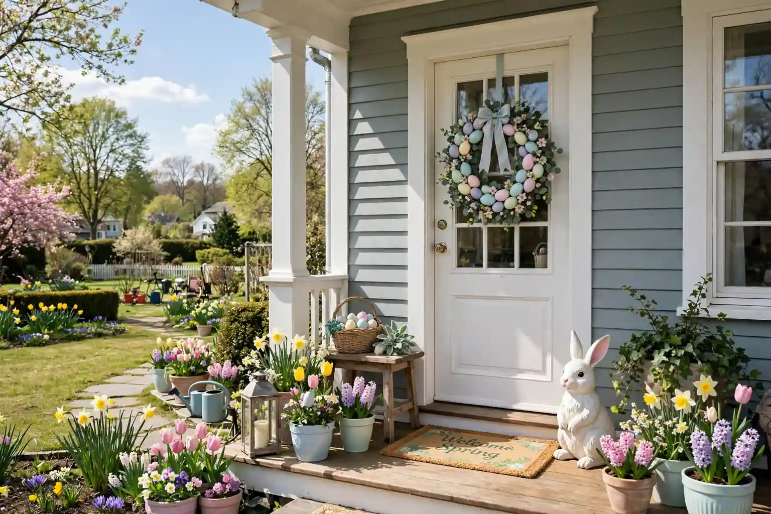 Front porch decorated for Easter with a pastel egg wreath on the door, a bunny figure, and pots of spring flowers.